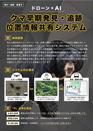 秋田県の株式会社スリーアイバードがドローンとAIを組み合わせた「クマ早期発見・追跡ドローンシステム」実用化に向け、寄付・協賛の募集を開始！